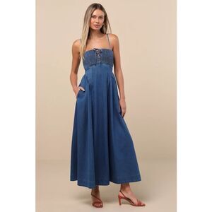 knee length dresses for ladies Unforgettable Style Strapless Maxi Dress Blue main image 1